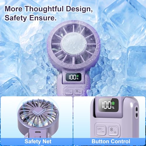 Portable Handheld Fan with Ice Cooling, 5.5m/s Rechargeable Fan, Independent Switch, 5-Speed, LED Display, 12H Battery, Foldable Neck Personal for Travel Essentials, Concerts, Sports - Purple - color: Purple