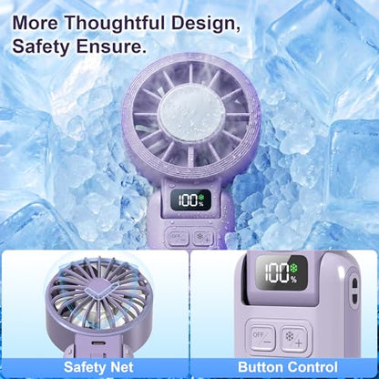 Portable Handheld Fan with Ice Cooling, 5.5m/s Rechargeable Fan, Independent Switch, 5-Speed, LED Display, 12H Battery, Foldable Neck Personal for Travel Essentials, Concerts, Sports - Purple - color: Purple