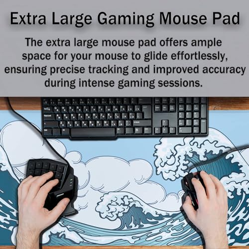 Big Mouse Pad Blue and White, Great Wave Desk Mouse Pads Office Desk Pads, Extra Large Gaming Mouse Pad Non-Slip Rubber Base Waterproof with Stitched Edges, 35.4 X 15.7 inch Japanese Wave - color: Japanese Wave