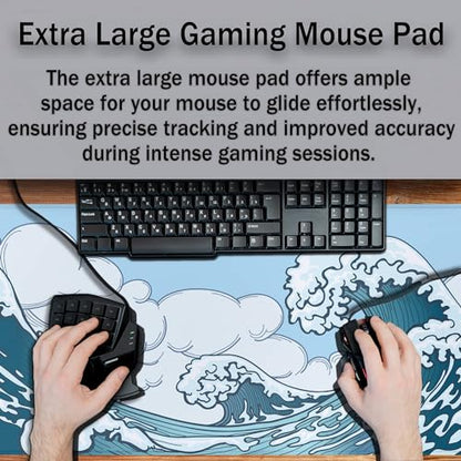 Big Mouse Pad Blue and White, Great Wave Desk Mouse Pads Office Desk Pads, Extra Large Gaming Mouse Pad Non-Slip Rubber Base Waterproof with Stitched Edges, 35.4 X 15.7 inch Japanese Wave - color: Japanese Wave