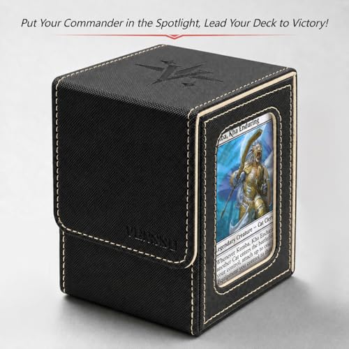 MTG Deck Box with Commander Display (Black&Pale Gold, 1 window) | Holds 120 Single/100 Double-Sleeved Cards, Fit MTG/PTCG/OPTCG Cards, Strong Magnet, PU Leather, With 2 Dividers & 1 Toploader - color: Black and Pale Gold
