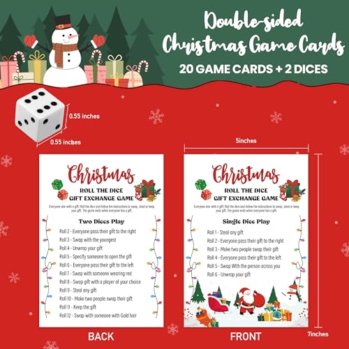 Gift Exchange Dice Game, 20 Cards +2 Dices, Swap Game, Christmas Family Games, Xmas Party Supplies for Winter Holiday, dg01