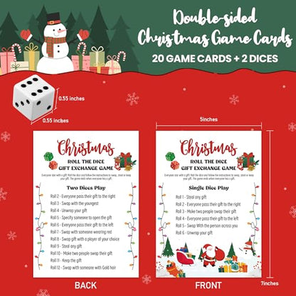 Gift Exchange Dice Game, 20 Cards +2 Dices, Swap Game, Christmas Family Games, Xmas Party Supplies for Winter Holiday, dg01