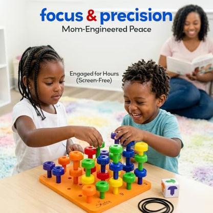 Peg Board Set - Montessori Toys for 2 Year Old - 33 Pc Peg Board for Kids - Occupational Therapy Toys with Pegs, Dice, Lacing String & Storage Bag - Montessori Toys for 2+ Year Old | Occupational Therapy Toys with Pegs, Dice, Lacing String & Storage Bag -