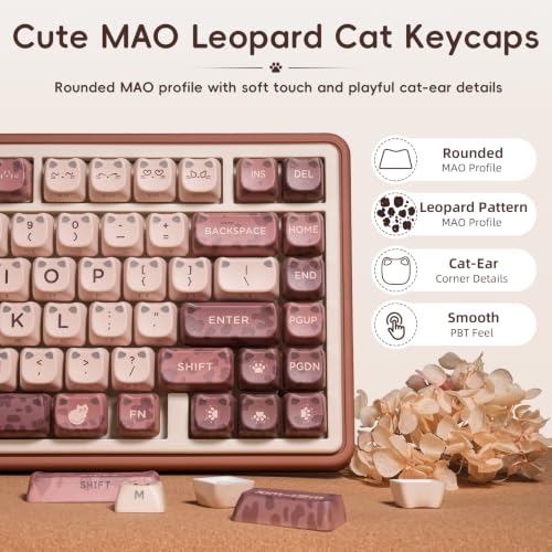 ZORNHER UR82 Mechanical Keyboard,75% Wireless Creamy Gaming Keyboard with Cute Leopard Cat Kawaii Glowing Kitty Ear Mao Keycaps, Aesthetics Compact Brown Keyboard for Home Office,Coffee Brown - color: Leopard Cat