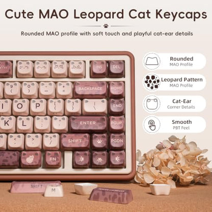 ZORNHER UR82 Mechanical Keyboard,75% Wireless Creamy Gaming Keyboard with Cute Leopard Cat Kawaii Glowing Kitty Ear Mao Keycaps, Aesthetics Compact Brown Keyboard for Home Office,Coffee Brown - color: Leopard Cat