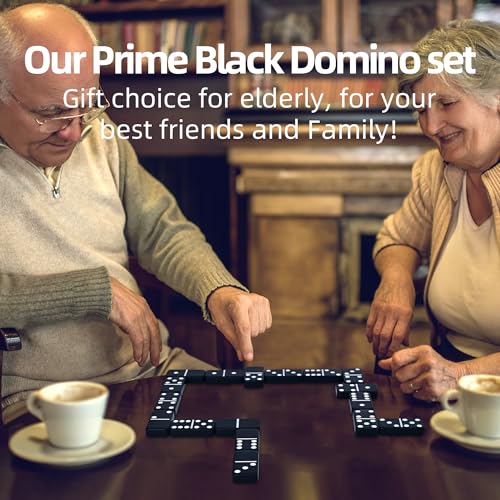 Doublefan Jumbo Black Double Six Dominoes for Adults, with Aluminum Case | 28 Black Jumbo Size Pieces, recessed markings, Carry Aluminum case, for 2-4 players, board game, Parent Gift choice