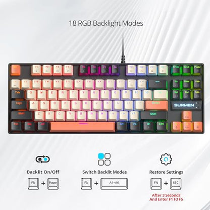 75% Mechanical Gaming Keyboard with Red Switch, RGB LED Backlit Keyboard Orange, 87 Keys Compact TKL Wired Computer Keyboard for Windows Laptop PC Gamer (87 Carbon) - color: 87 Carbon/Red Switch