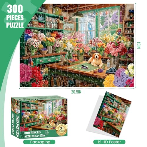300 Large Piece Puzzles for Adults,Fun Cute Puppy Jigsaw Puzzle for Seniors | Flower Arranger's Shed Puzzle,Interlock Perfectly Letter on Back No Dust,Challenging Activity Games Puzzle Gifs(20.5 x 15 in) - style: dog