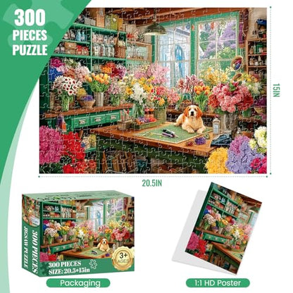 300 Large Piece Puzzles for Adults,Fun Cute Puppy Jigsaw Puzzle for Seniors | Flower Arranger's Shed Puzzle,Interlock Perfectly Letter on Back No Dust,Challenging Activity Games Puzzle Gifs(20.5 x 15 in) - style: dog