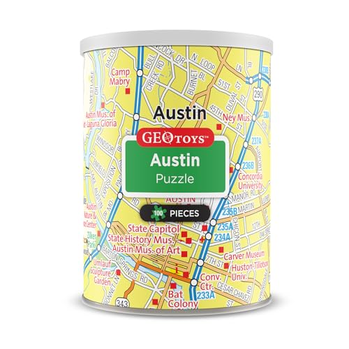 Geotoys Austin Mini City Puzzle - 100 Piece Puzzles for Kids and Adults in Portable Can, 13" x 10" Educational Travel Puzzle for Ages 7 and Up - Mini Puzzles to Learn & Explore Geography - style: Austin