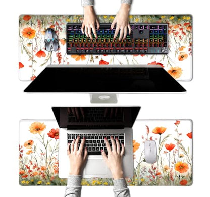 Large Mouse Pad, Desk Mat Computer Keyboard Pad Non-Slip Rubber Base Waterproof with Stitched Edges for Laptop Gaming, Office & Home 31.5 x 11.8 Inch (Wildflowers Floral) - color: Wildflowers Floral