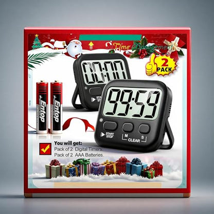 2 Pack Digital Timer for Kids Classroom Kitchen Timers for Cooking | w/ Battery, Easy to View, Alarm, Mute Mode, Count Down/Up, Magnetic, Kickstand, Hanging, Classroom Timer for Teacher Supplies - color: Rich Black *2