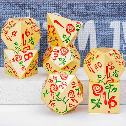 Gothic DND Dice Set Bleeding Rose Metal D and D Dice for use with Dungeons Dragons D&D Role Playing Game, Golden Red RPG Polyhedral Dice Set D20 D12 D10 D8 D6 D4 - color: Red&gold&red Numbers