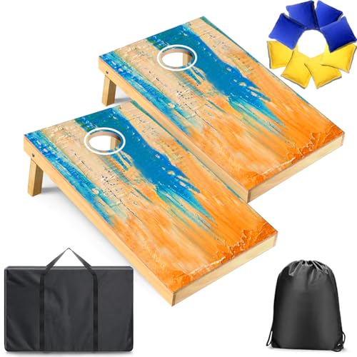 4 x 2/3 x 2FT Cornhole Set Solid Wood for Adults with 8 Bean Bags 1 Case | 4 x 2/3 x 2FT soild wood cornhole boards; foldable legs; 1 carry bag; 8 bean bags; for backyard, tailgate, beach, party - color: 3'x2'ftblue+orange