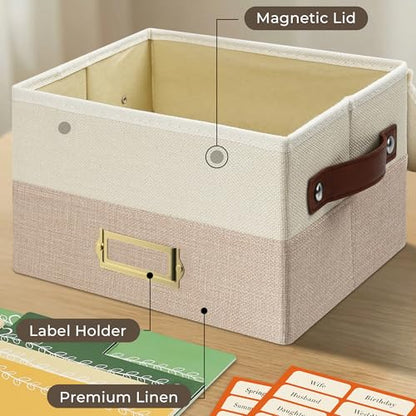 Vienrose Greeting Card Organizer Box, Foldable Storage Box with 20 Removable Dividers and 84 Self-Adhesive Labels, Card Box for Greeting Cards Photos Envelopes Stickers Postcards, Beige & Khaki - color: Beige & Khaki
