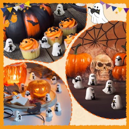 Soulchen 50pcs Halloween Mini Resin Figures Bulk Tiny Resin Ghost Figures Little Small Miniatures to Hide Ghost with Black Cat Craft for Halloween Party Gifts Bag Fillers Decor - style: Ghost