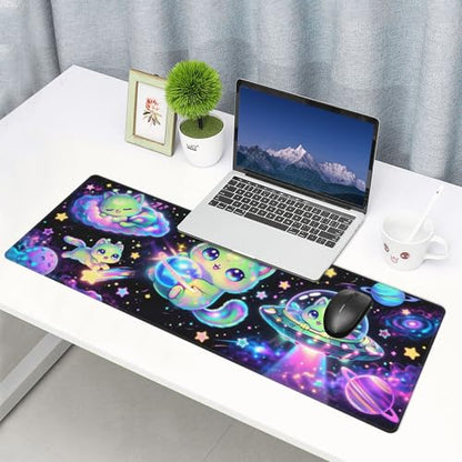 Alien Cat Gaming Mouse Pad Extended Large Mouse Mat 31.5 X 11.8 Inch Nonslip Rubber Base Long Desk Pad Stitched Edges Mousepad Mice Pad for Office Home Game - color: Alien Cat