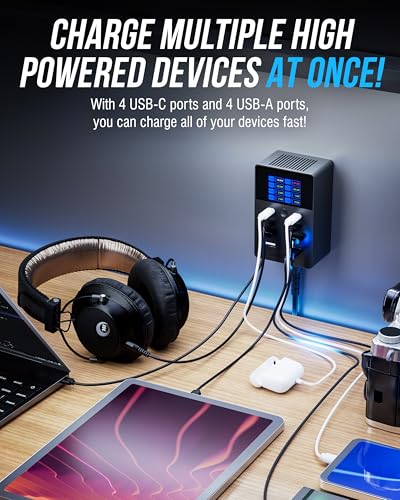 SABRENT VOLTIK Charging Station, 252W 8-Port USB C and USB A, LCD Display | Desktop fast charger; USB-C & USB-A; UL certified; real-time LCD; for MacBook, iPhone, Samsung - size: 8-Port