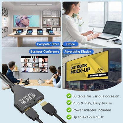 BATU HDMI Splitter 1 in 2 Out 4k 30hz HDMI Cable 2.0 Male to Dual Female with Power USB Cable for HD, LED, LCD, TV Dual Monitors Duplicated-Mirror Support 1080P 3D Full HD