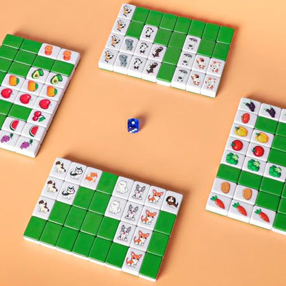 GRACIAS 4 Players Mahjong Block Set, 128 Green Tiles(1.18”) with Animal and Food Pattern, Portable Mahjong Set with A Carry Bag, Mahjong Tile Game - color: Green