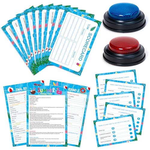 Eyxsaxenk Summer Friendly Feud Game with 2 Answer Buzzer - 40Pcs Family Fun Trivia Quiz Feud Card Buzzer Board Game Night for Summer Camp Party Family Trivia Night Gathering Group Team Building Supply - style: Summer