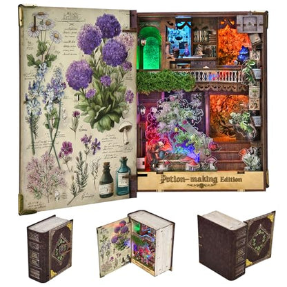 MiniCity Potion-Making Book Nook Kit, 3D Wooden Bookshelf Puzzle with LED | 229-piece book-style DIY kit with LED and dust cover; glue/tools and guide included; 4-6 hr build for shelf decor, ages 14+. - style: Potion-Making Edition