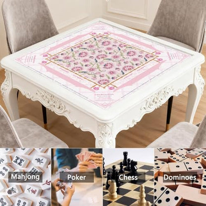 Mahjong Mat for Table with Carrying Bag & 3 Dice, Beige Pink Floral 31.5"x31.5" Square Rubber Mahjong Table Cover, Non-Slip & Noise Reduction Gaming Mat for Mah Jongg, Poker, Dominoes & Tile Games - color: Beige Pink