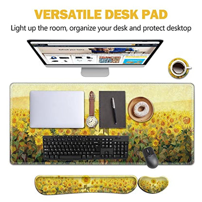 AIMSA Keyboard Mouse Pad Wrist Rest, Extended Gaming Mouse Pad +Wrist Support, Ergonomic Memory Foam,XXL Large Mousepad, 4Pcs (35×15.7 in) Desk Mat, Sunflower Oil Painting - color: Sunflower Oil Painting