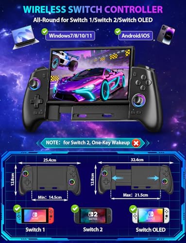 Fasceote Wireless Switch Controller for Nintendo Switch/OLED/Switch 2, Rechargeable Pro Controllers with 15 Lights Color, Retractable One-piece Handheld Control with Hall Effect Joysticks,Turbo, Dual Vibration