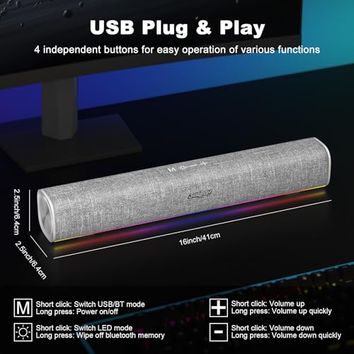 SOULION Computer Speakers for Desktop Monitor USB Plug & Play White | Dynamic LED Light, USB Plug & Play PC, Switch Button, Bluetooth 5.1, Clearly Sound, Breathable Material, Widely Application - color: White