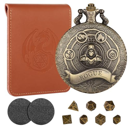 Mini DND Dice Set with Bronze Steampunk Rogue Pocket Watch Case, Tabletop Game Accessories, 7pcs Polyhedral Metal Dice, D&D Starter Set, Gifts with Dice Bag for RPG DM Gamer - color: Rogue Dice Set