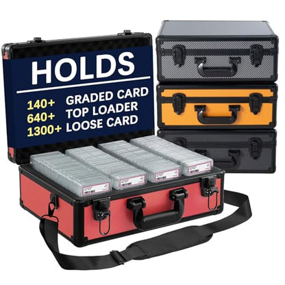 Graded Card Storage Box – Aluminum Alloy Trading Cards Case Holds 140+ Graded Cards, Sports Card Storage Box with Lock, Fits PSA, CSG, BGS (Large Red) - color: 4 Row-Red