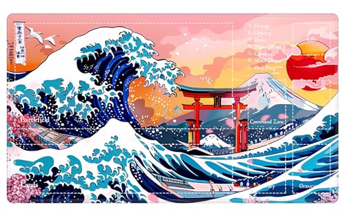 Playmat with Zones for MTG Card Game Playing, Game Mats Tabletop Magic Play Mats 24"x14" Commander Deck Gaming Desk Duel Mat Card Gameplay Mats for Beginner, Japanese Sakura Sea Wave - color: Japanese Sakura Sea Wave, size: 24"X14" With Zones