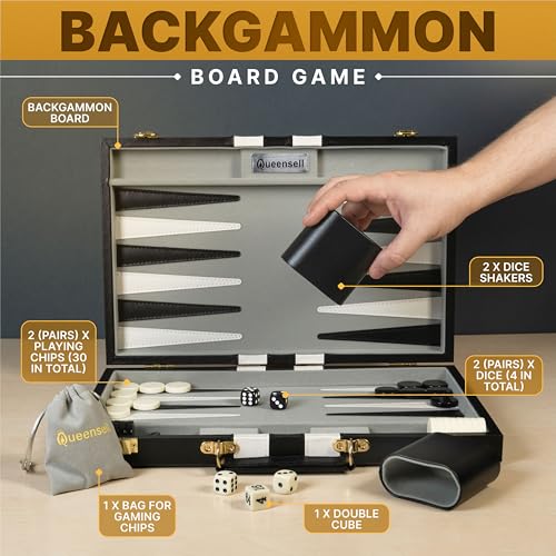 Large Black Backgammon Sets for Adults - Classic Board Games for 2 Players Adults and Kids - Premium Backgammon Set 15 Inch Board and 32 Backgammon Pieces in Quality PU Leather Case - style: Premium Black