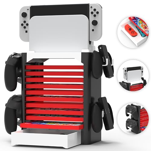 NS Compatible Nintendo Switch Games Holder, Nintendo Switch Stand - White | Holds up to 10 Game Case & 4 controllers Game Disk Rack, Switch Holder Stand for Gamers, Nintendo Switch Accessories - color: White