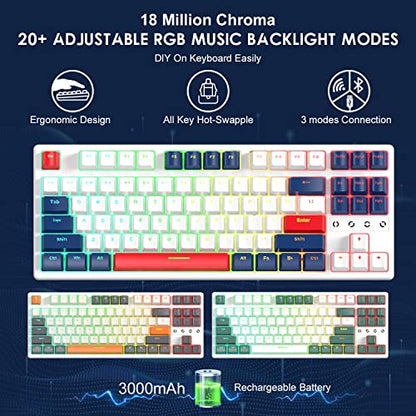 Wireless Gaming Keyboard and Custom Coiled USB C Cable,Triple Mode 2.4GHz/BT 5.0/USB-C,TKL Hot Swappable Mechanical Keyboard Yellow Switches,Rechargeable 3000mAh for PC PS5 PS4 Xbox-2 in 1 Kit - color: Yacht Blue yellow switch