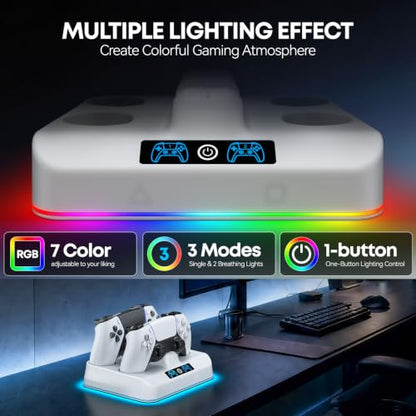 PS5 Controller Charger Station, Drop & Go Design Compatible with PlayStation 5 DualSense/Edge Remotes, Fast Charging Dock with 9 RGB Lights & LED Indicator, Charging Stand