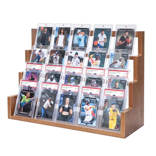 Donmills 4 Tier Card Display Stand, Wooden Trading Card Display Stand Tabletop, Graded Baseball Sports Card Display Shelf for Basketball Football Cards Game Collection, Show & Vendor, Brown - color: Brown-tabletop