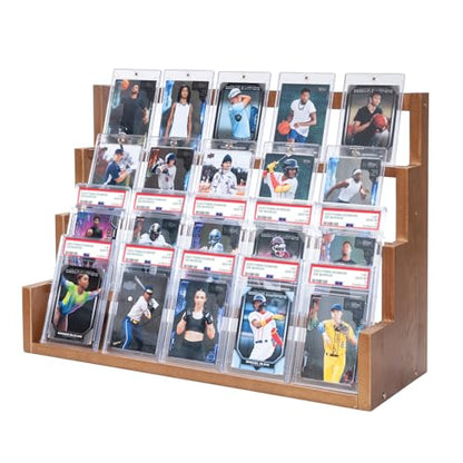 Donmills 4 Tier Card Display Stand, Wooden Trading Card Display Stand Tabletop, Graded Baseball Sports Card Display Shelf for Basketball Football Cards Game Collection, Show & Vendor, Brown - color: Brown-tabletop