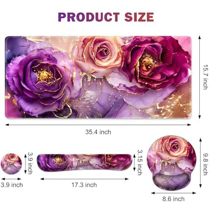 Gaming Mouse Pad Large Desk Mat, Cute Purple Marble Rose Desk Pad Protector | 4in1 XXL Mousepad + Keyboard Wrist Rest+Mouse Wrist Rest+Coaster Set with Ergonomic Desk Pad for Home Office PC,Flowers - color: Marble Rose Purple Flowers
