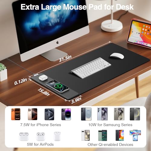 Magnetic Wireless Charging Mouse Pad, 31.5"x15.8" in, Black | Large Gaming Desk Mat, Non-Slip Base, Waterproof Ultra-Smooth Keyboard Pad for Gamer, Office & Home - color: Black-31.5"x15.8"
