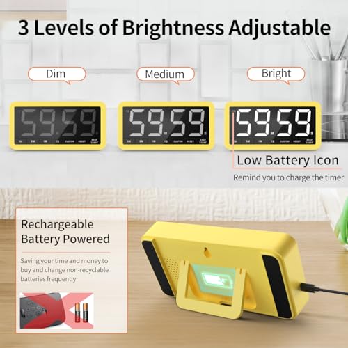 Large 7.8" Digital Timer, Magnetic LED Timer for Kitchen & Classroom | USB-C Rechargeable, Up to 99 Hours Count Up & Countdown Timer with 3 Brightness Levels, 4 Alert Modes and 3 Volume Levels - color: Yellow