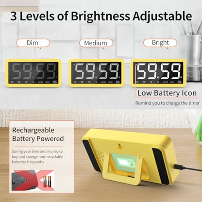Large 7.8" Digital Timer, Magnetic LED Timer for Kitchen & Classroom | USB-C Rechargeable, Up to 99 Hours Count Up & Countdown Timer with 3 Brightness Levels, 4 Alert Modes and 3 Volume Levels - color: Yellow