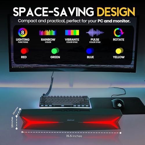 Desktop Soundbar for Computer 15.5 Inches | Bluetooth Soundbar with RGB LED Lights | Clear Bass | AUX, USB, USB-C | Soundbar for Projectors, TVs, Smartphones, Gaming Consoles, & Laptop