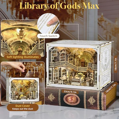 MiniCity Library of Gods Book Nook Kit, DIY Wooden Miniature Scene with LED | Build an abbey library in 6-8 hr; 314-piece kit includes LED, dust cover, glue/tools and guide for shelf display, ages 14+. - style: Library of Gods Max