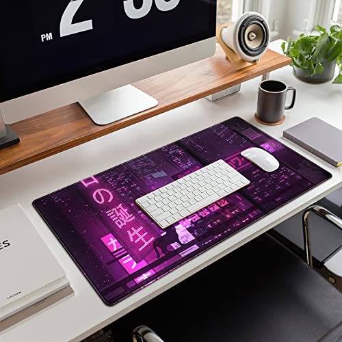 Purple Gaming Mousepad Japanese Desk Mat XXL Extended Anime Cool Large Mouse Pad Keyboard Mouse Mat Desk Pad for Computer Laptop Gamers 31.5''X15.7'' Non-Slip Rubber Base with Stitched Edges - color: A Purple Neon Sign