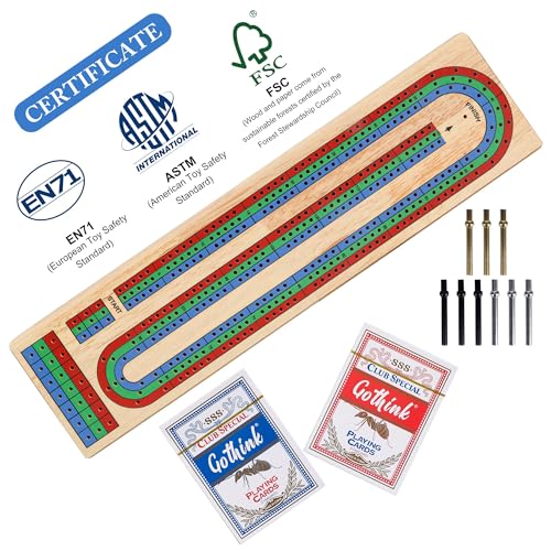 Offelec Upgraded Wooden Folding Cribbage Board Game Set - 3 Track Board with 2 Decks of Cards, 9 Metal Pegs & Storage | Portable Travel Cribbage for Kids, Adults and Family - color: Folding Cribbage Board