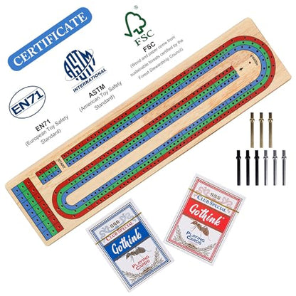 Offelec Upgraded Wooden Folding Cribbage Board Game Set - 3 Track Board with 2 Decks of Cards, 9 Metal Pegs & Storage | Portable Travel Cribbage for Kids, Adults and Family - color: Folding Cribbage Board