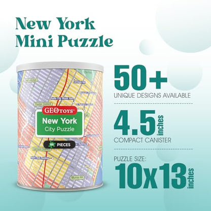 Geotoys New York City Mini City Puzzle - 100 Piece Puzzles for Kids and Adults in Portable Can, 13" x 10" Educational Travel Puzzle for Ages 7 and Up - Mini Puzzles to Learn & Explore Geography - style: New York City